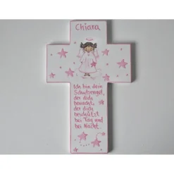 Taufkreuz Mädchen mit Name – Handbemaltes Schutzengelkreuz aus Holz | Personalisiertes Taufgeschenk