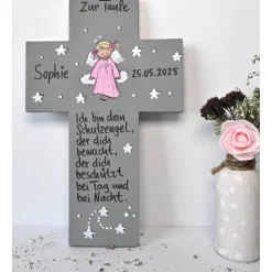 Taufkreuz Mädchen personalisiert – Schutzengelkreuz aus Holz – Einzigartiges Taufgeschenk zur Geburt, Taufe & mehr