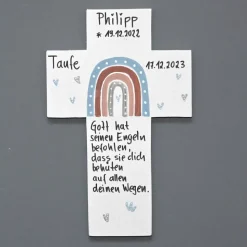 Taufkreuz mit Regenbogen – personalisiertes Holzkreuz handgemacht für Kinder, Taufe & Kommunion
