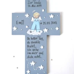 Taufkreuz personalisiert – Handbemaltes Kinderkreuz mit Taufspruch für Jungen – Einzigartiges Taufgeschenk aus Holz
