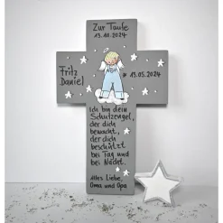 Taufkreuz personalisiert – Handbemaltes Kinderkreuz mit Taufspruch für Jungen – Einzigartiges Taufgeschenk aus Holz
