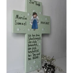 Taufkreuz personalisiert – Handbemaltes Holzkreuz mit Schutzengel & Spruch als Taufgeschenk für Jungen