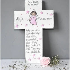Taufkreuz Schutzengelkreuz personalisiert für Mädchen – Geschenk Patenkind Kinderkreuz handbemalt