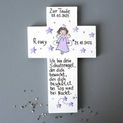 Taufkreuz Schutzengelkreuz personalisiert für Mädchen – Geschenk Patenkind Kinderkreuz handbemalt