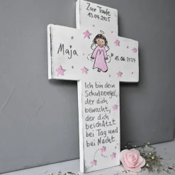 Taufkreuz Schutzengelkreuz personalisiert für Mädchen – Geschenk Patenkind Kinderkreuz handbemalt