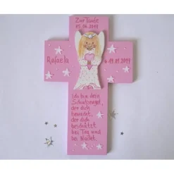 Taufkreuz Schutzengelkreuz 3D Mädchen personalisiert – Handgemachtes Holzkreuz als Taufgeschenk