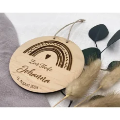 Taufschild Namensschild aus Holz mit Regenbogen , personalisiertes Geschenk zur Taufe, 100 % FSC