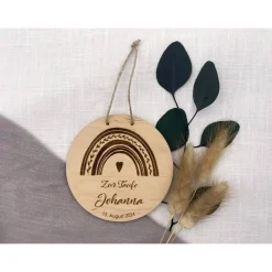 Taufschild Namensschild aus Holz mit Regenbogen , personalisiertes Geschenk zur Taufe, 100 % FSC