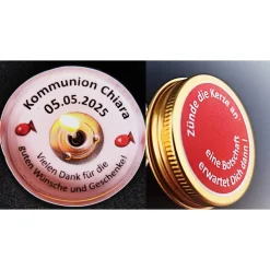 Teelicht Gastgeschenk Kommunion & Konfirmation – personalisierte Danksagung im Aludöschen im Organzabeutel