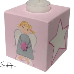 Teelichthalter/Kerzenwürfel/Teelichtwürfel aus Holz Schutzengel rosa