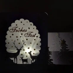 Teelichtkarte versandfertig Weiße Aufstell-Weihnachtskarte Winterwald mit Hirschfamilie