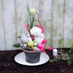 Tisch Gesteck Ostern Frühling rosa Hühner