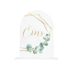 Tischaufsteller Hinweisschild Acryl Holz Design Eukalyptus Gold