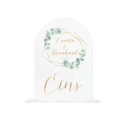 Tischaufsteller Hinweisschild Acryl Holz Design Eukalyptus Gold