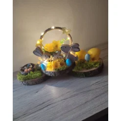 Tischdeko auf Baumscheibe Ostern Hasen m LED Beleuchtung 35x14x18cm