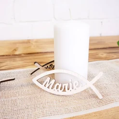 Tischdeko aus Holz, 10er Set, Fisch mit Name, Streuartikel zur Kommunion, Konfirmation, Taufe oder Geburt