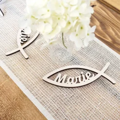 Tischdeko aus Holz, 10er Set, Fisch mit Name, Streuartikel zur Kommunion, Konfirmation, Taufe oder Geburt