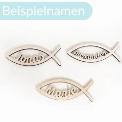 Tischdeko aus Holz, 10er Set, Fisch mit Name, Streuartikel zur Kommunion, Konfirmation, Taufe oder Geburt