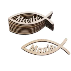 Tischdeko aus Holz, 10er Set, Fisch mit Name, Streuartikel zur Kommunion, Konfirmation, Taufe oder Geburt