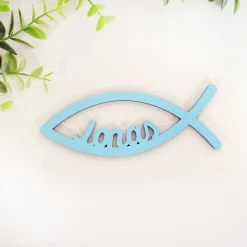 Tischdeko aus Holz, 10er Set, Fisch mit Name, Streuartikel zur Kommunion, Konfirmation, Taufe oder Geburt