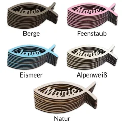 Tischdeko aus Holz, 10er Set, Fisch mit Name, Streuartikel zur Kommunion, Konfirmation, Taufe oder Geburt