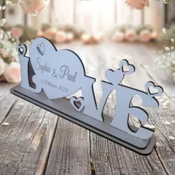 Tischdekoration Hochzeit mit Gravur Name und Datum  Holddeko Aufsteller weiß Geschenk Brautgeschenk  Deko