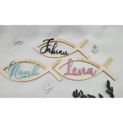 Tischdekoration Kommunion Platzdeko Fisch mit Name und Datum aus Holz geschnitten und handgraviert