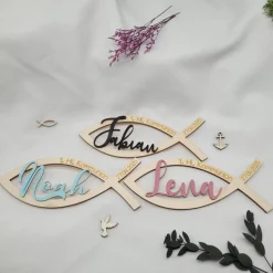 Tischdekoration Kommunion Platzdeko Fisch mit Name und Datum aus Holz geschnitten und handgraviert