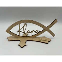 Tischdekoration  zur Konfirmation aus Holz, Taufdeko , Fisch mit Wunschname inkl. Gravur aus Holz, Kommunion, Taufe, Jug