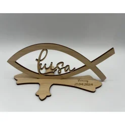 Tischdekoration  zur Konfirmation aus Holz, Taufdeko , Fisch mit Wunschname inkl. Gravur aus Holz, Kommunion, Taufe, Jug