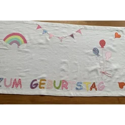 Tischläufer, Tischdecke, Applikationen, Geburtstag, Geburtstagsdekoration, Regenbogen, Luftballons, Baumwolle, 45 x 140