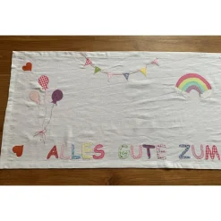 Tischläufer, Tischdecke, Applikationen, Geburtstag, Geburtstagsdekoration, Regenbogen, Luftballons, Baumwolle, 45 x 140