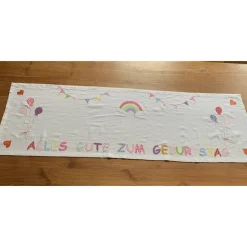 Tischläufer, Tischdecke, Applikationen, Geburtstag, Geburtstagsdekoration, Regenbogen, Luftballons, Baumwolle, 45 x 140