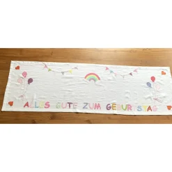 Tischläufer, Tischdecke, Applikationen, Geburtstag, Geburtstagsdekoration, Regenbogen, Luftballons, Baumwolle, 45 x 140