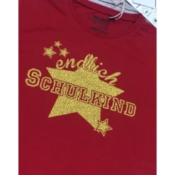 Tolles T-shirt gr.128/134 Einschulung Schulkind in Rot mit Gold-glitzer