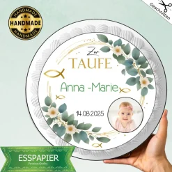 Torten und Muffin aufleger zur Taufe mit Foto Namen und Datum personalisiert. goldene Fische Eukalyptus Rahmen