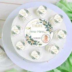 Torten und Muffin aufleger zur Taufe mit Foto Namen und Datum personalisiert. goldene Fische Eukalyptus Rahmen