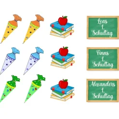 Tortenaufleger Einschulung bunte Streumischung mit Schultafel Schultüte Bücher Esspapier mit Namen bedruckt