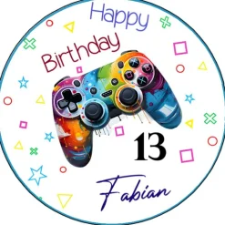 Tortenaufleger Happy Birthday Teenager Junge Geburtstag bunt Controller Gamepad Name +Zahl Esspapier Aufleger Tortenbild