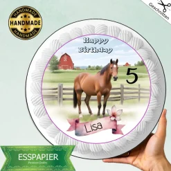 Tortenaufleger Kindergeburtstag Mädchen Pferd mit Namen und Zahl Happy Birthday Essbar