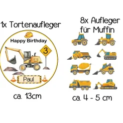 Tortenaufleger +Muffinaufleger Baustelle Bagger Happy Birthday Essbar Namen+Wunschzahl Tortendeko Kindergeburtstag