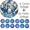 Tortenaufleger Set Frohe Weihnachten mit Pinguin Muffinaufleger Schneeflocken  blau Essbar Tortendeko