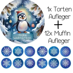Tortenaufleger Set Frohe Weihnachten mit Pinguin Muffinaufleger Schneeflocken  blau Essbar Tortendeko