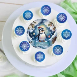 Tortenaufleger Set Frohe Weihnachten mit Pinguin Muffinaufleger Schneeflocken  blau Essbar Tortendeko
