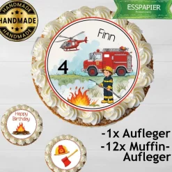 Tortenaufleger Set mit Tortenaufleger und 12 aufleger für Muffins. Kindergeburtstag Happy Birthday Feuerwehr Essbar