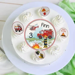 Tortenaufleger Set mit Tortenaufleger und 12 aufleger für Muffins. Kindergeburtstag Happy Birthday Feuerwehr Essbar