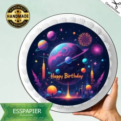 Tortenaufleger Weltraum Happy Birthday Modern knallig Planeten Feuerwerk essbar Tortendeko