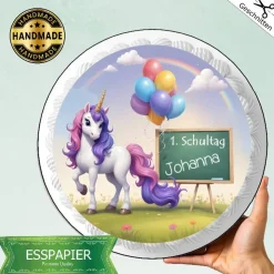 Tortenaufleger zur Einschulung Schulanfang Einhorn mit Schultafel Esspapier Tortendeko