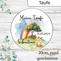 Tortenaufleger,essbar -Meine Taufe- Regenbogen Baum Fuchs Mit Namen und Taufdatum  essbare Oblade