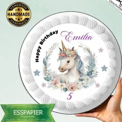 Tortenbild essbar Tortenaufleger Einhorn edel Tortendeko mit Name und Zahl Happy Birthday